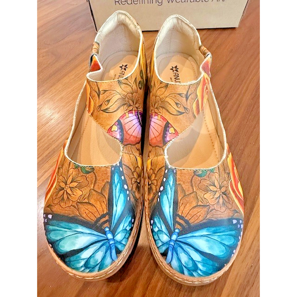 Anuschka Mary Jane Shoes Sz 10 Floral Paradise Tan Butterfly Leather 4215 $199 - Picture 11 of 15